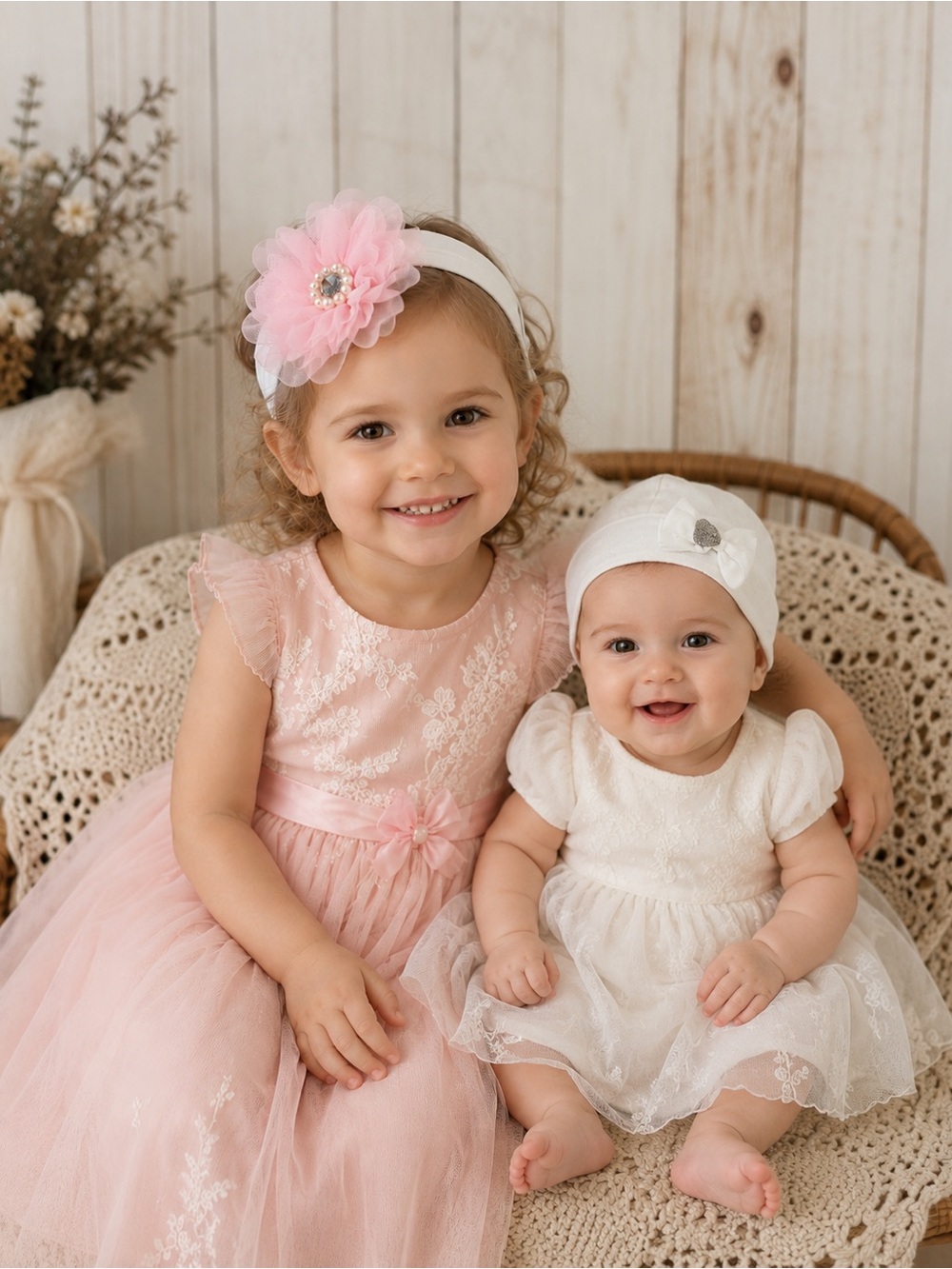 White Baby Bow Beanie with Sparkle Accent and two flower headwraps.